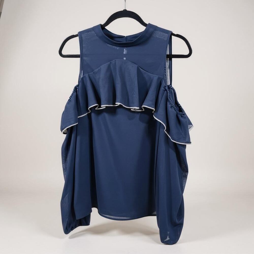SAKS FIFTH AVENUE Crinkle Chiffon Ruffle Cold Shoulder Blouse Navy Womens Large